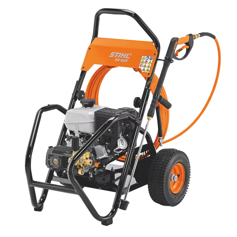 Front Angled View of the STIHL RB 600 Pressure Washer – Highlighting its robust design, 3,200 PSI performance, and durable steel frame.