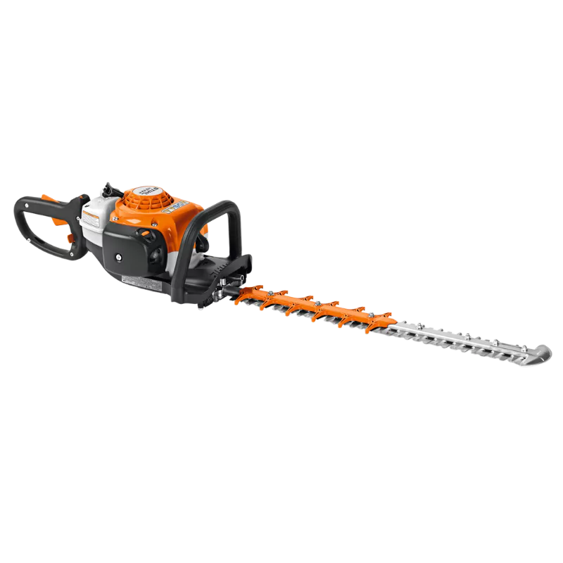 STIHL HS 82 R hedge trimmer showcasing its robust gas-powered engine and 24-inch double-sided blade for professional hedge maintenance.