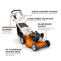 Thumbnail for Annotated features of STIHL RM 756 YC Lawn Mower, including hydrostatic gearbox, large fabric grass bag, blade brake clutch, and magnesium deck.