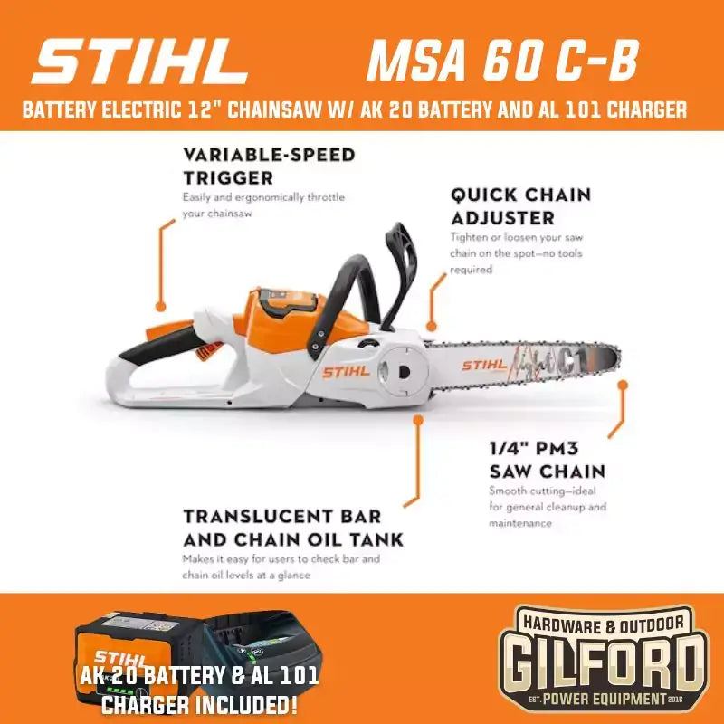 STIHL MSA 60 C-B 12" Chainsaw Battery & Charger | Gilford Hardware