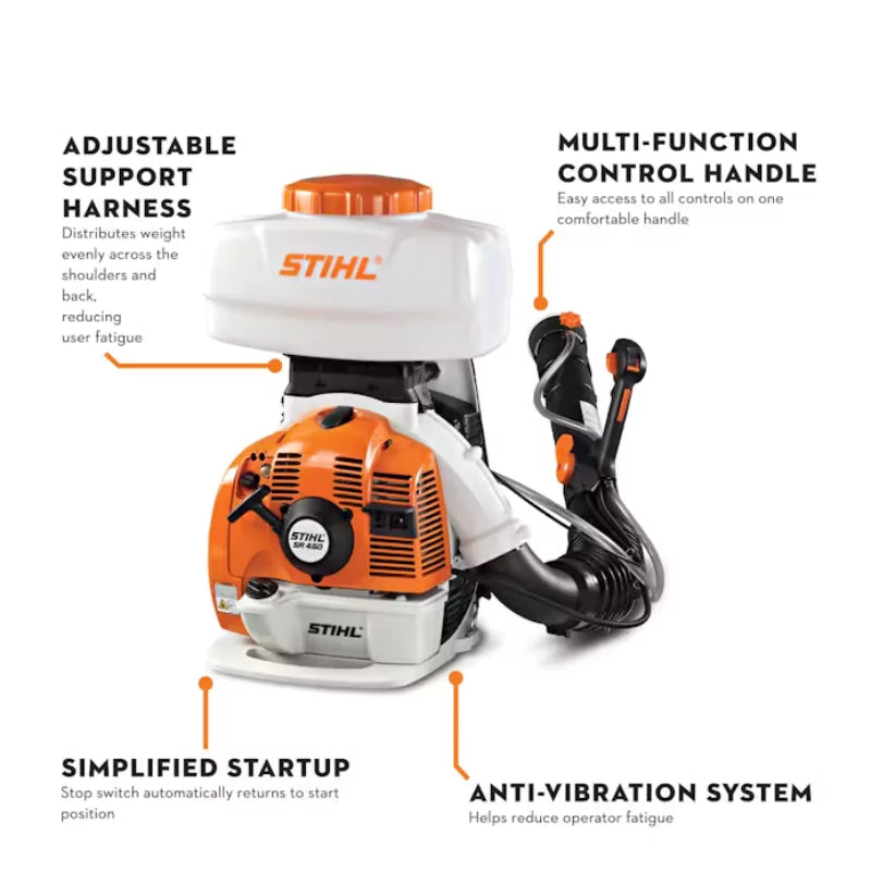 STIHL SR 450 Sprayer Features Diagram – Highlighting the adjustable support harness, multi-function control handle, anti-vibration system, and simplified startup for optimal user comfort.