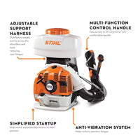 Thumbnail for STIHL SR 450 Sprayer Features Diagram – Highlighting the adjustable support harness, multi-function control handle, anti-vibration system, and simplified startup for optimal user comfort.