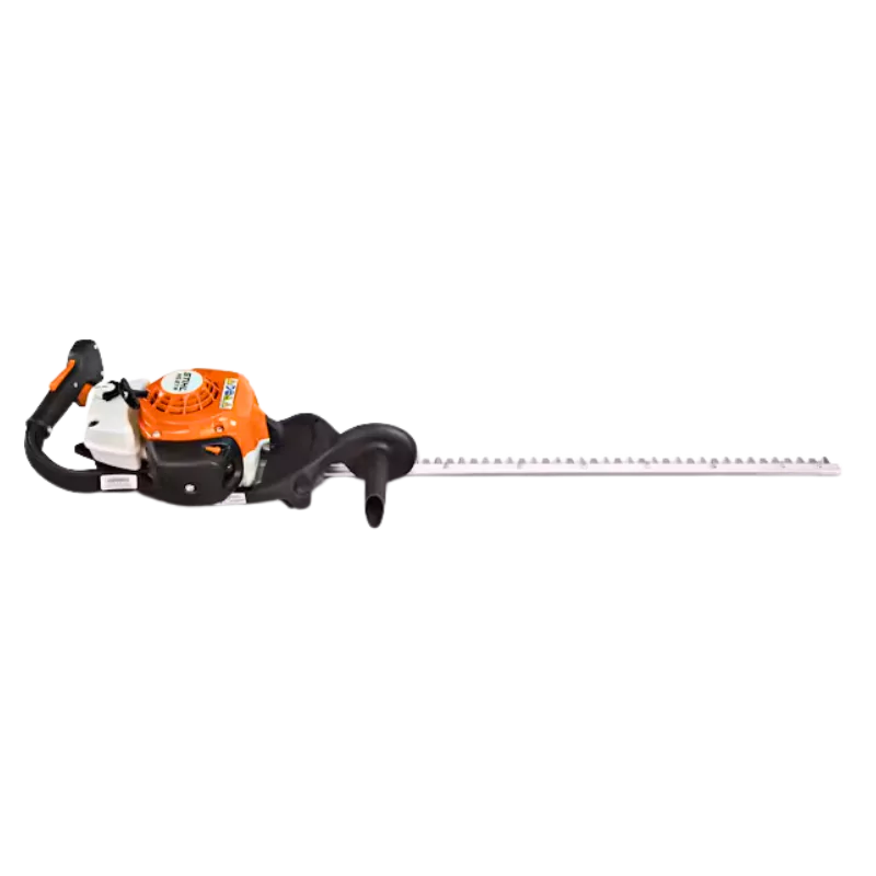 Side view of the STIHL HS 87 R Gas Hedge Trimmer showcasing its 30-inch blade and ergonomic design, ideal for professional landscapers.