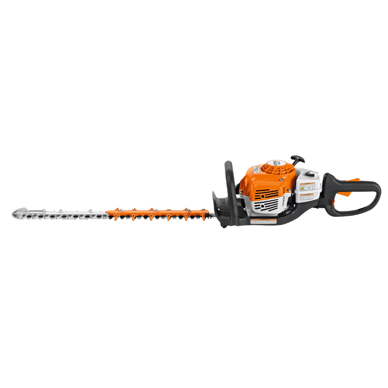 Side view of the STIHL HS 82 R gas-powered hedge trimmer, highlighting its ergonomic swivel handle for versatile trimming angles