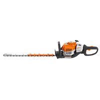 Thumbnail for Side view of the STIHL HS 82 R gas-powered hedge trimmer, highlighting its ergonomic swivel handle for versatile trimming angles