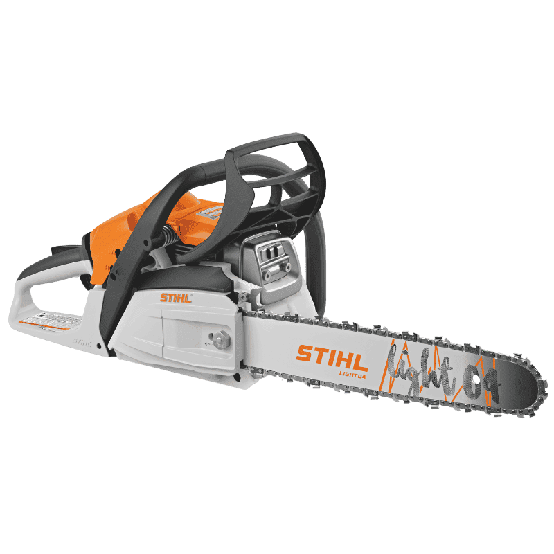 Front angled view of the STIHL MS 182 chainsaw showcasing the lightweight frame, durable construction, and 16-inch bar