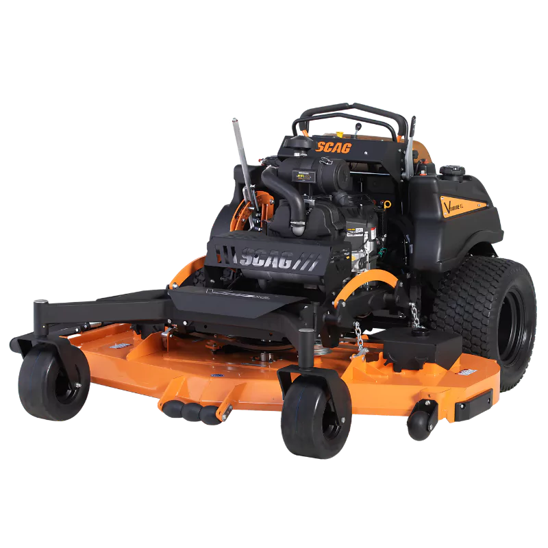 Scag V-Ride XL Stand-On Zero Turn Mower with 61-inch Velocity Cutter Deck and 37 HP Kawasaki FX EFI Engine, available at Gilford Hardware in Gilford, NH.