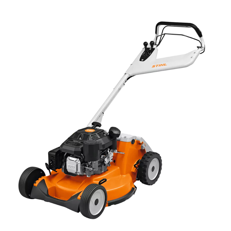 STIHL RM 756 YC Hydrostatic Drive Gas Lawn Mower angled side profile, featuring professional-grade construction and solid aluminum wheels