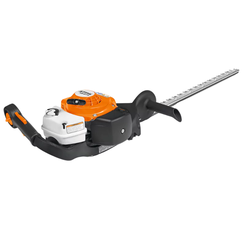 Rear angle of the STIHL HS 87 R Hedge Trimmer featuring its powerful 22.7 cc engine and durable construction for demanding hedge trimming tasks.