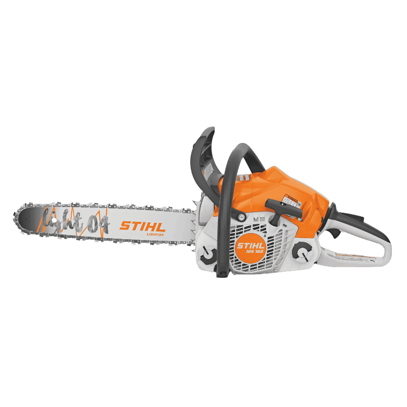 Side view of the STIHL MS 182 gas-powered homeowner chainsaw with a 16-inch guide bar and ergonomic design for ease of use.