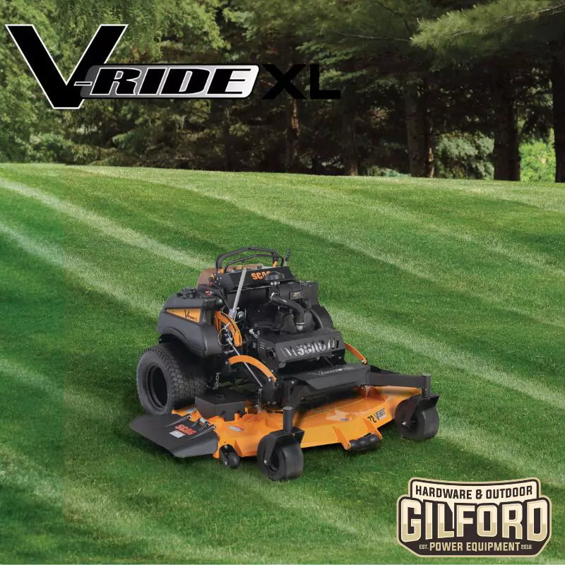 Scag V-Ride XL Stand-On Zero Turn Mower with 61-inch Velocity Cutter Deck and 37 HP Kawasaki FX EFI Engine, available at Gilford Hardware in Gilford, NH.