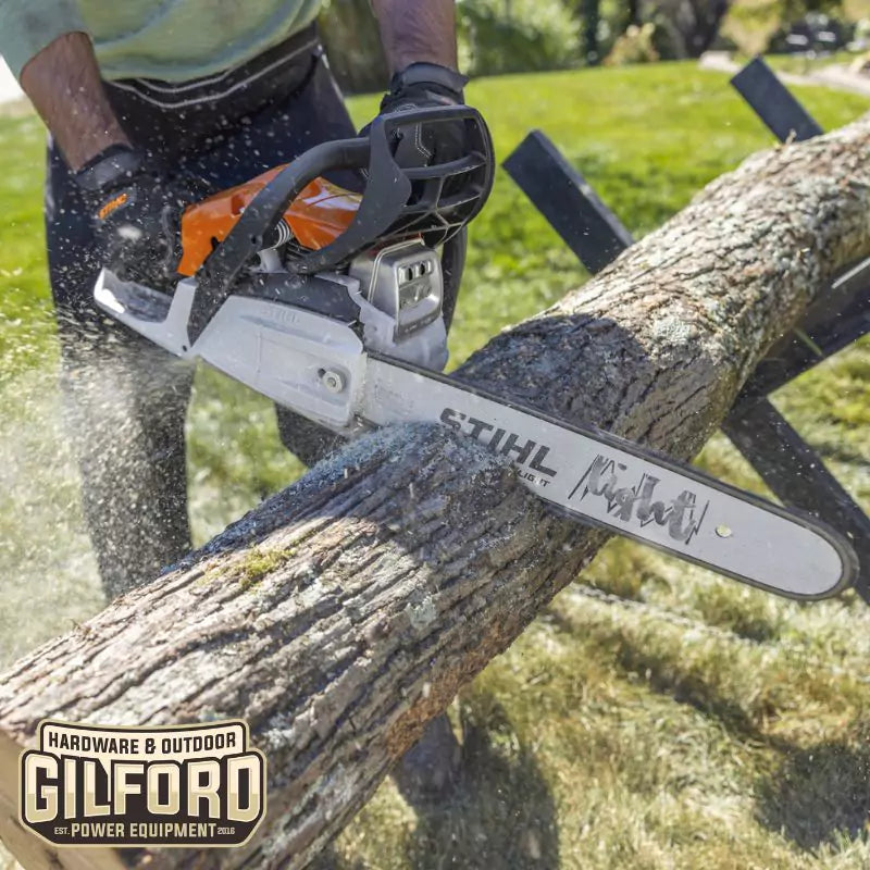 Slicing through a log the STIHL MS 162 Gas Powered Homeowner Chainsaw 16-Inch Bar 30.1 cc in action