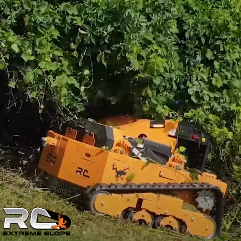 The Scag RC Extreme Slope™ Mower efficiently clearing thick brush and overgrown vegetation on a steep incline, showcasing its advanced remote-controlled operation and robust track system.