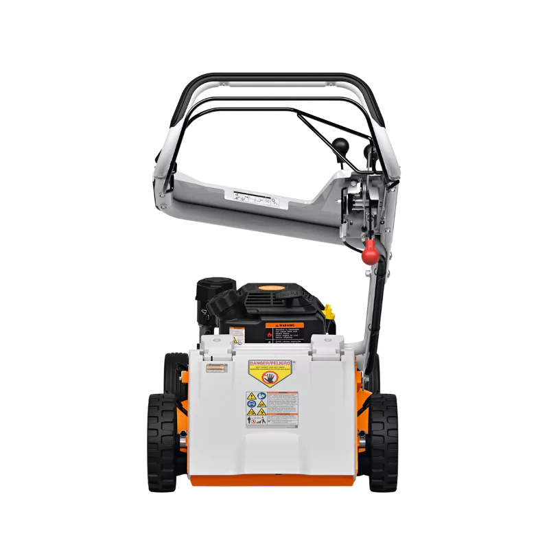 STIHL RM 756 YC Hydrostatic Lawn Mower side profile showing durable build and grass catcher bag