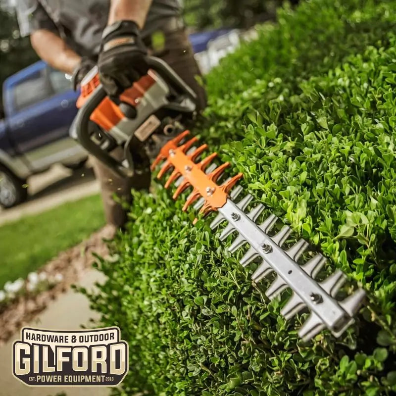 Close-up of the STIHL HS 82 R hedge trimmer's sharp cutting blades, designed for tackling thick hedges effortlessly.