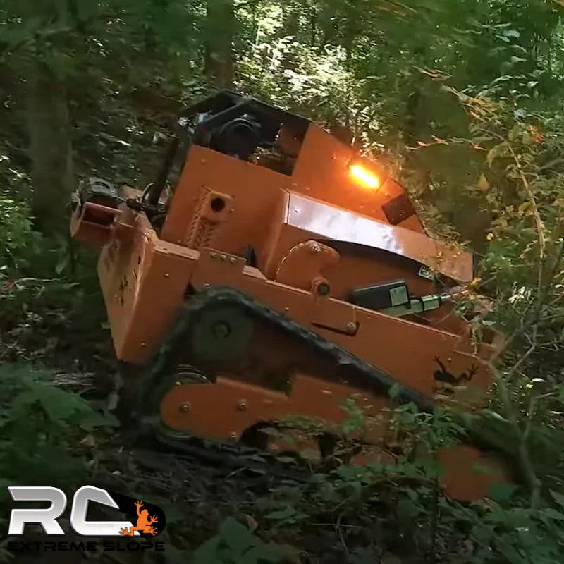 Scag RC Extreme Slope™ Mower maneuvering through a dense forest, equipped with a 70" cutting deck and a hybrid-powered system for superior performance in extreme mowing environments