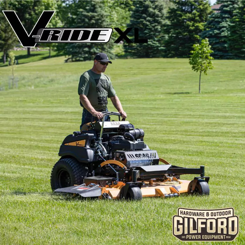 Scag V-Ride XL Stand-On Zero Turn Mower with 61-inch Velocity Cutter Deck and 37 HP Kawasaki FX EFI Engine, available at Gilford Hardware in Gilford, NH.