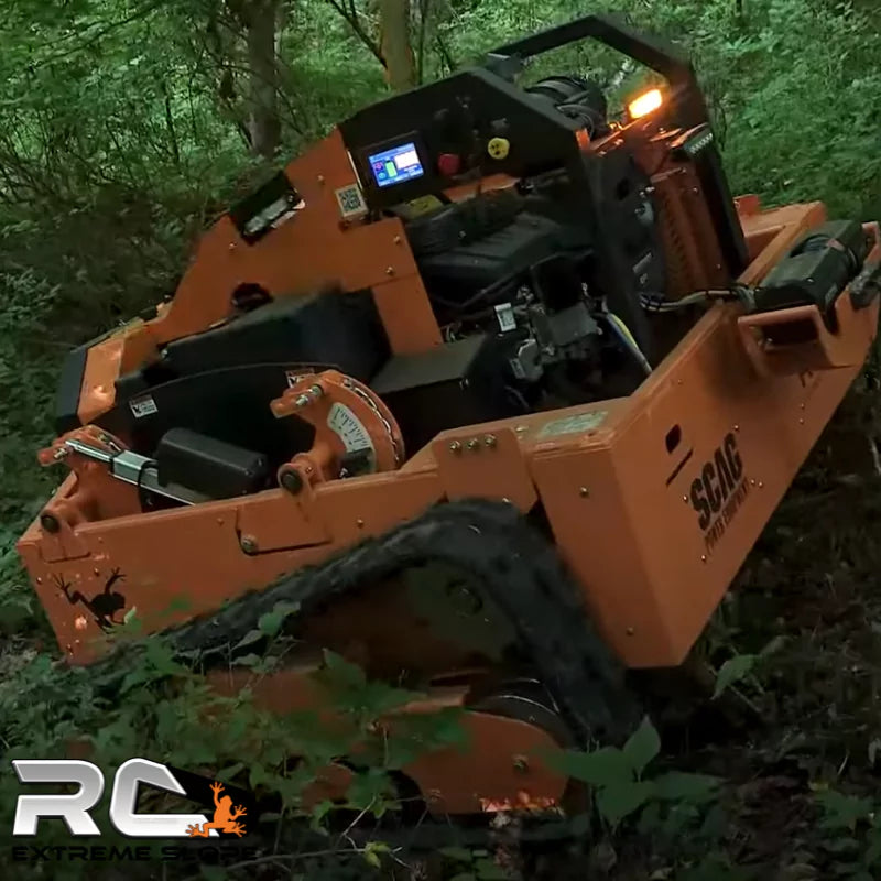 Remote-controlled Scag RC Extreme Slope™ Mower navigating challenging woodland terrain, demonstrating its rugged durability, advanced traction system, and high-performance cutting capabilities.