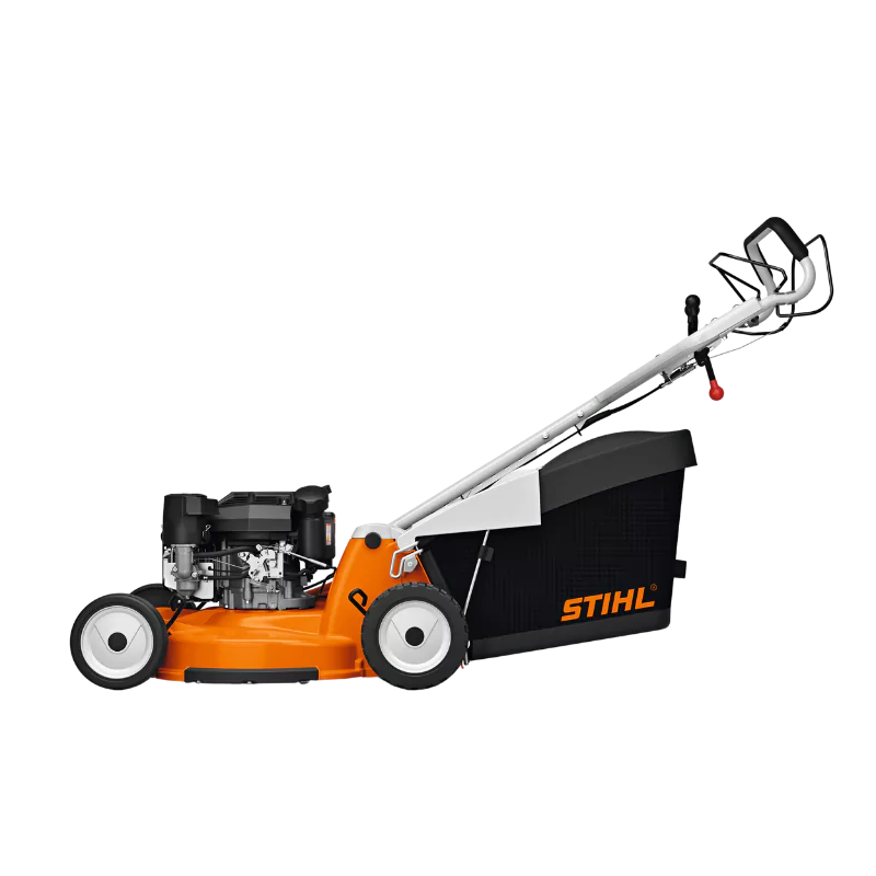 Side profile of STIHL RM 756 YC Hydrostatic Lawn Mower featuring its compact, professional-grade design