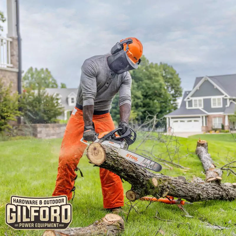 action shot of the STIHL MS 162 Gas Powered Homeowner Chainsaw 16-Inch Bar 30.1 cc