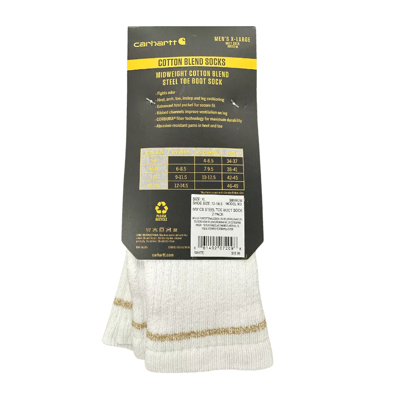 Carhartt Midweight Cotton Blend Steel Toe Boot Sock 2-Pack.