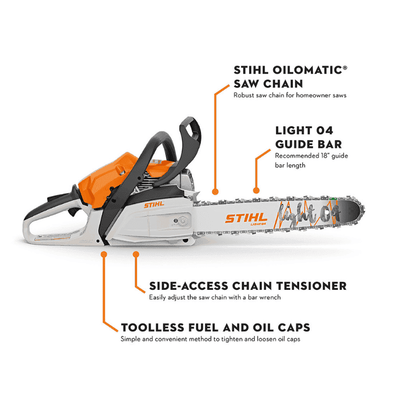 STIHL MS 182 chainsaw highlighting key features such as the STIHL OILOMATIC® Saw Chain, Light 04 Guide Bar, side-access chain tensioner, and toolless fuel and oil caps