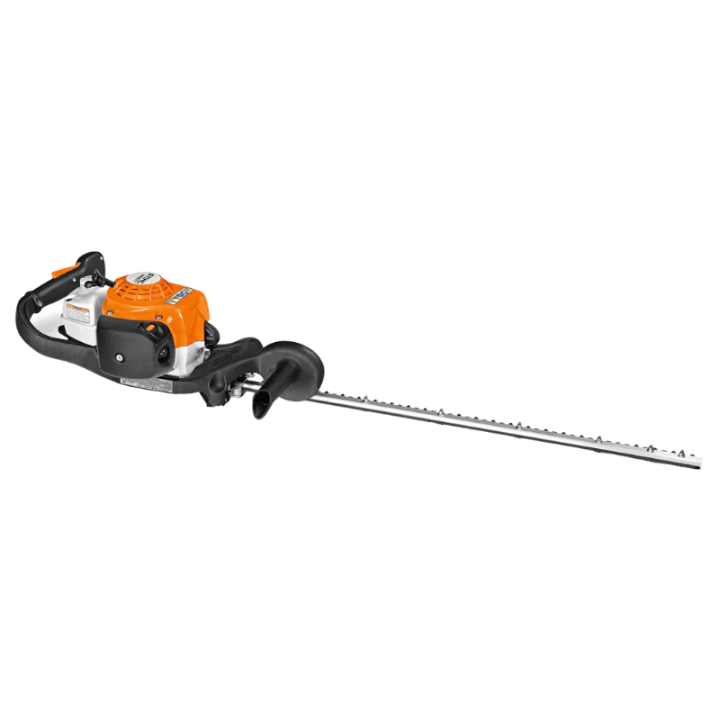 Front view of the STIHL HS 87 T professional gas-powered hedge trimmer with a 30" blade and 22.7 cc engine, showcasing its robust and ergonomic design for precision cutting.