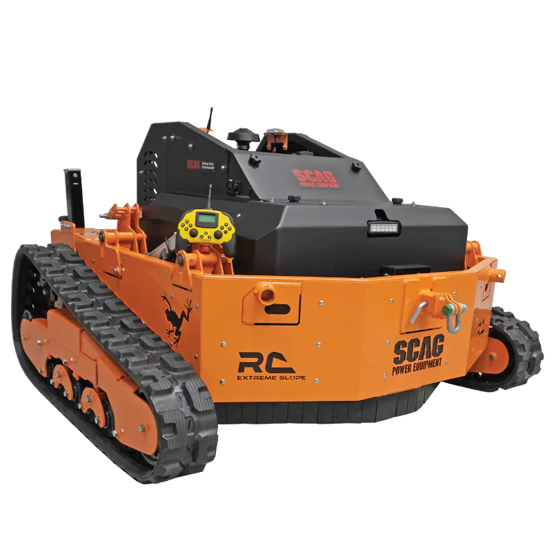 Scag RC Extreme Slope™ Mower with 70" deck, remote control operation, and a hybrid 7.4kw alternator powered by a 37 HP Vanguard BIG BLOCK™ engine. Built for steep terrain and extreme mowing conditions