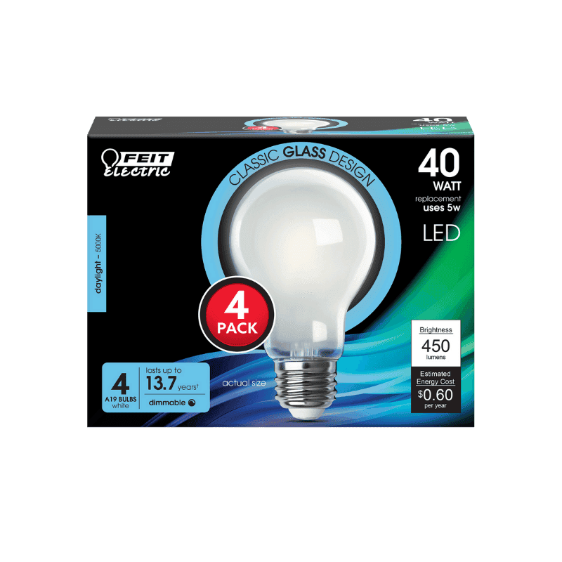 Feit Electric A19 E26 (Medium) Filament LED Bulb Daylight 40 Watt Equivalence 4-Pack. | Gilford Hardware 