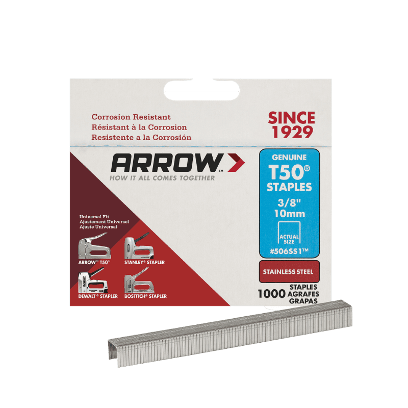 Arrow Fastener T50 3/8 in. W x 3/8 in. L 18 Ga. Flat Crown Heavy Duty Staples 1000-Pack. | Staples | Gilford Hardware