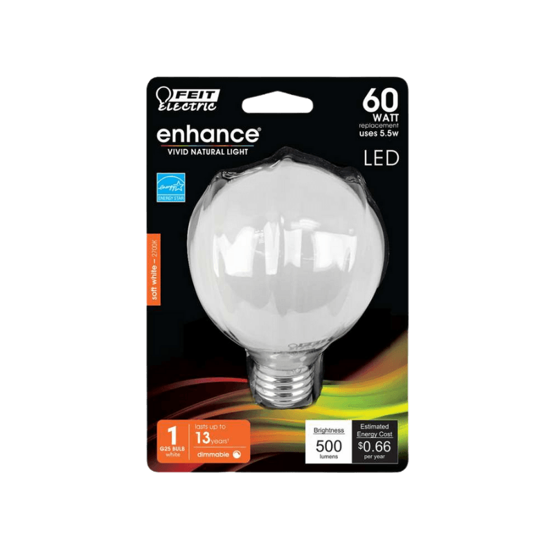 Feit Electric Enhance G25 E26 (Medium) LED Bulb Soft White 60 Watt Equivalence | Gilford Hardware