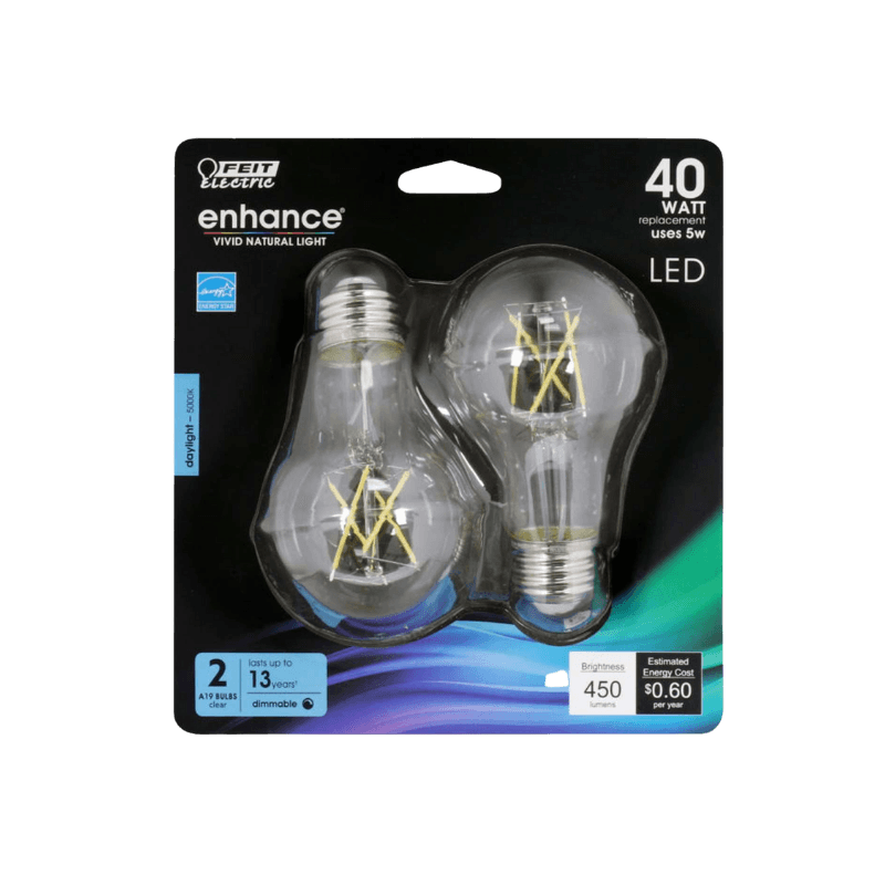 Feit Electric Enhance A19 E26 (Medium) Filament LED Bulb Daylight 40 Watt Equivalence 2-Pack. | Gilford Hardware