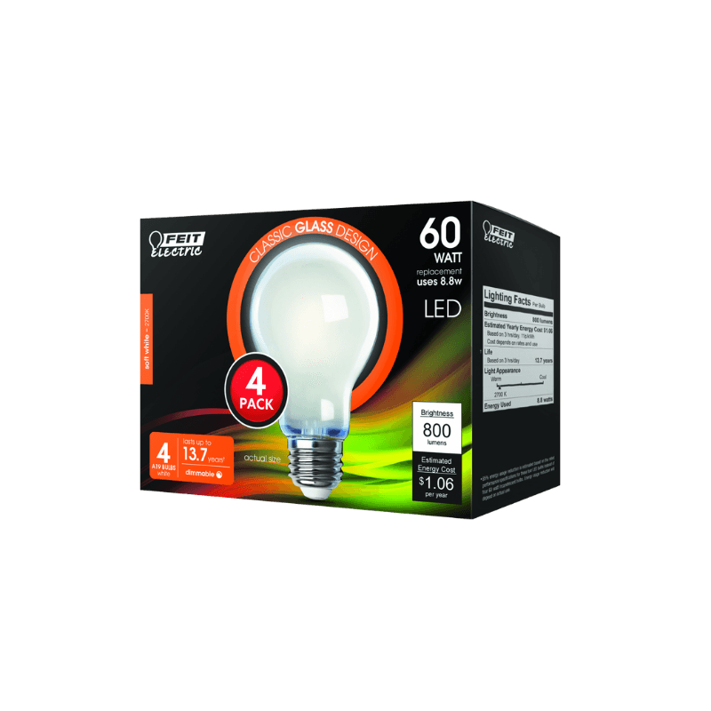 Feit Electric A19 E26 (Medium) Filament LED Bulb Soft White 60 Watt Equivalence 4-Pack. | Gilford Hardware