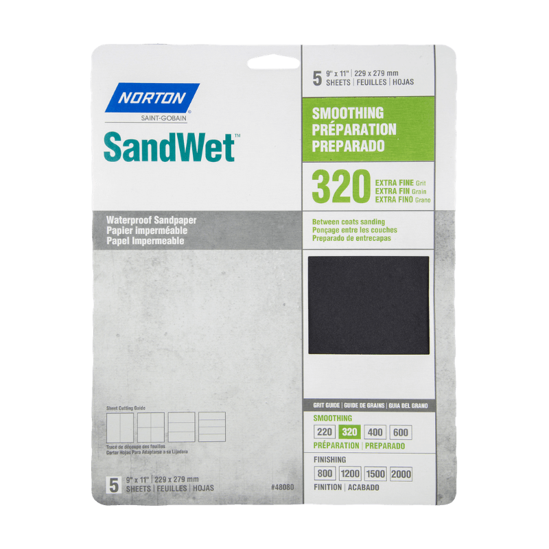 Norton SandWet Waterproof Sandpaper 11" X 9" 320 Grit 5-Pack. | Gilford Hardware 