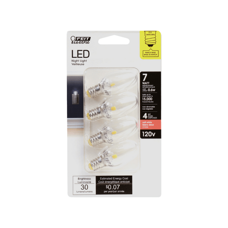 Feit Electric C7 E12 (Candelabra) LED Bulb Soft White 7 Watt Equivalence 4-Pack. | LED Light Bulbs | Gilford Hardware & Outdoor Power Equipment