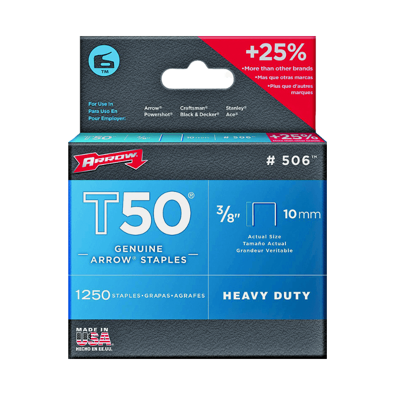 Arrow T50 Flat Crown Heavy-Duty Staples 3/8" x 3/8" 1250-Pack. | Gilford Hardware