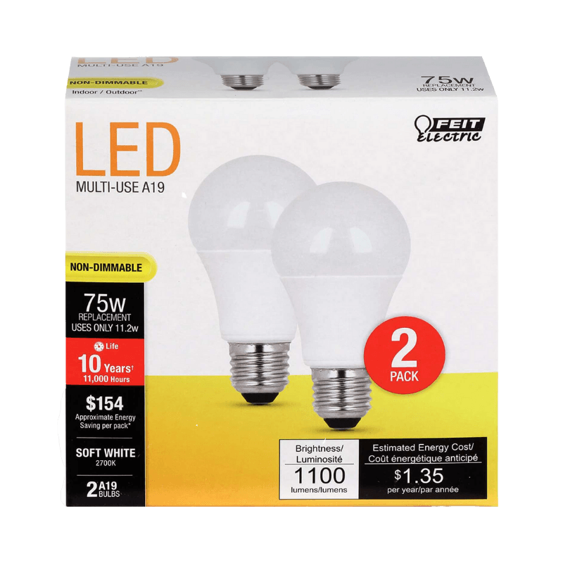 Feit Electric A19 E26 (Medium) LED Bulb Soft White 75 Watt Equivalence 2-Pack. | Gilford Hardware 