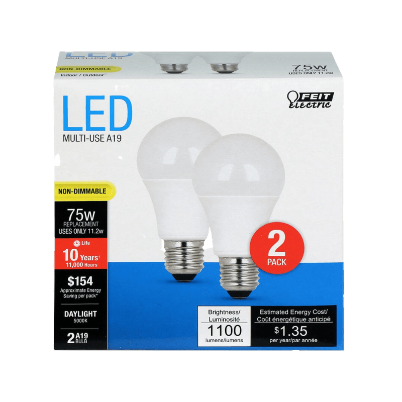 FEIT Electric A19 E26 (Medium) LED Bulb Daylight 75 Watt Equivalence 2-Pack. | Gilford Hardware 