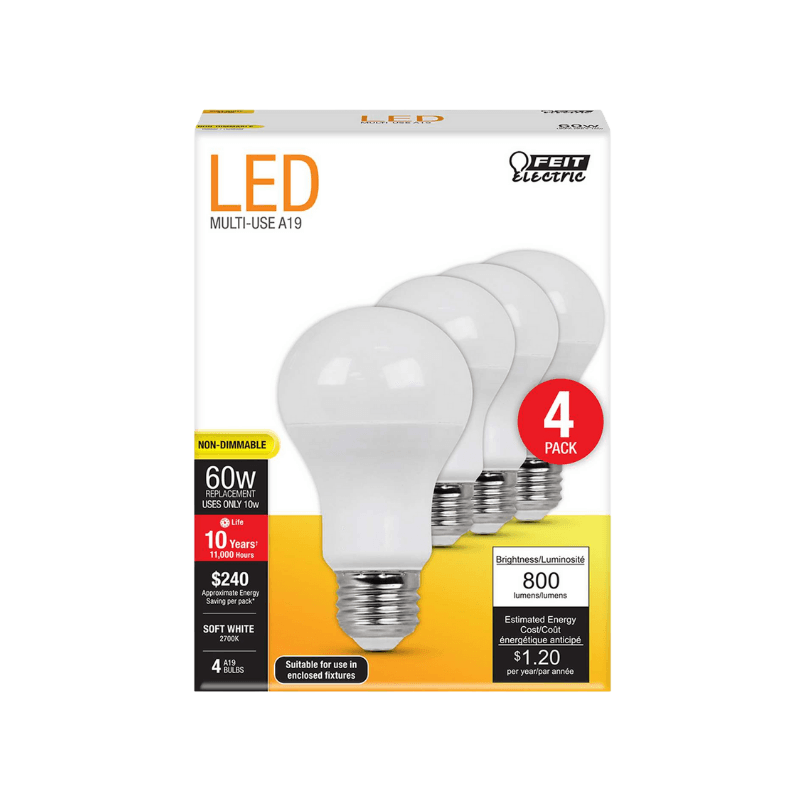Feit Electric A19 E26 (Medium) LED Bulb Soft White 60 Watt Equivalence 4-Pack.. | Gilford Hardware 
