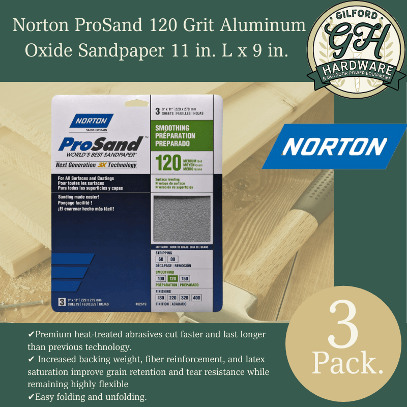 Norton ProSand Sandpaper Medium 120 Grit 11" x 9" 3-Pack. | Sandpaper & Sanding Sponges | Gilford Hardware & Outdoor Power Equipment