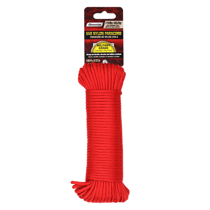 SecureLine Red Braided Nylon Paracord 5/32 X 100