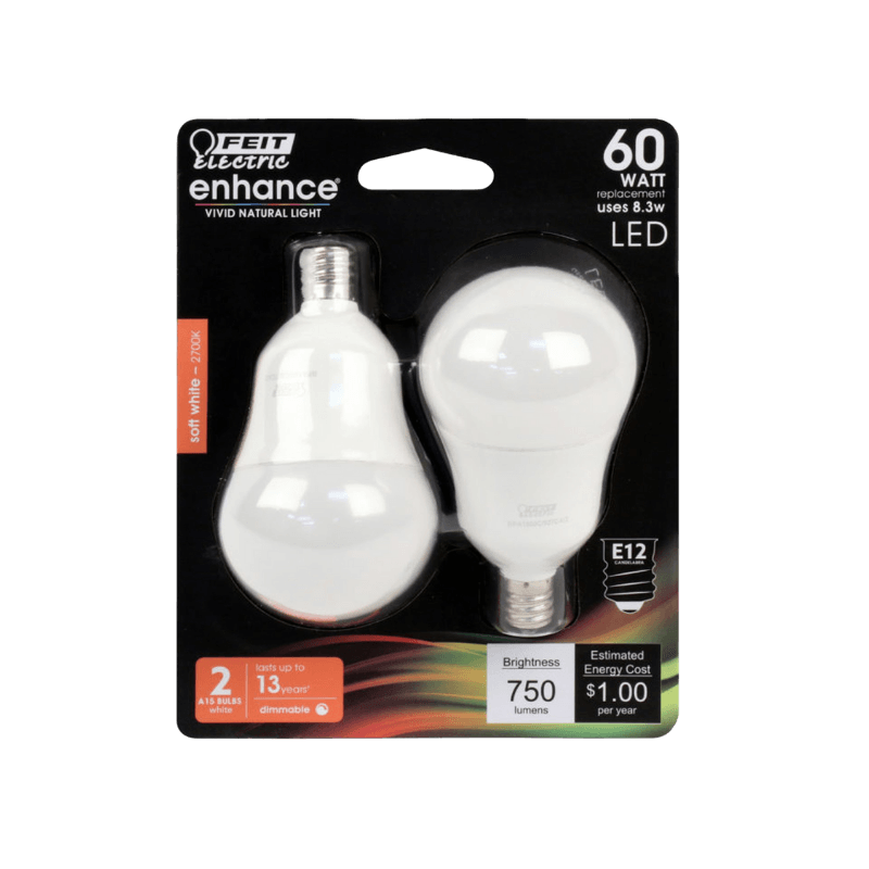 Feit Electric Enhance A15 E12 (Candelabra) LED Bulb Soft White 60 Watt Equivalence 2-Pack. | Gilford Hardware 