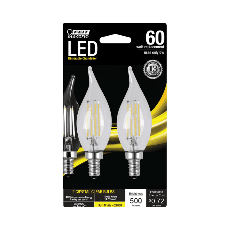 Feit Electric C10 E12 (Candelabra) LED Bulb Soft White 60 Watt Equivalence 2-Pack. | Gilford Hardware 